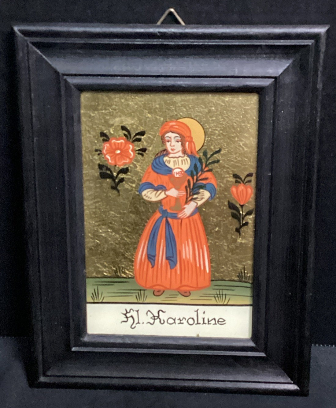 VINTAGE Reverse Glass Painting on Gold Leaf of St. Karoline in Black Wood Frame
