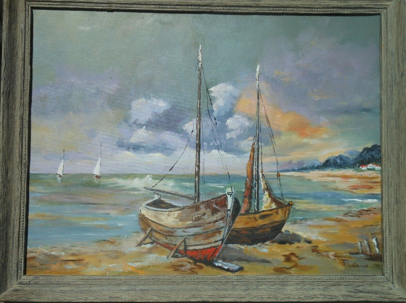 Vintage Impressionist Seascape Oil Painting L Graus 18″ x 24″ Boats