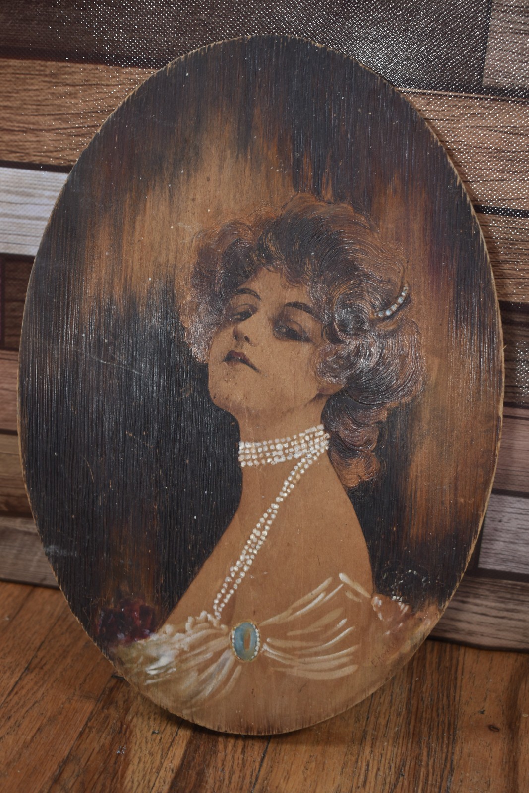 Vintage Hand Painted Oval Wooden Portrait Plaque Pyrography Victorian Edwardian