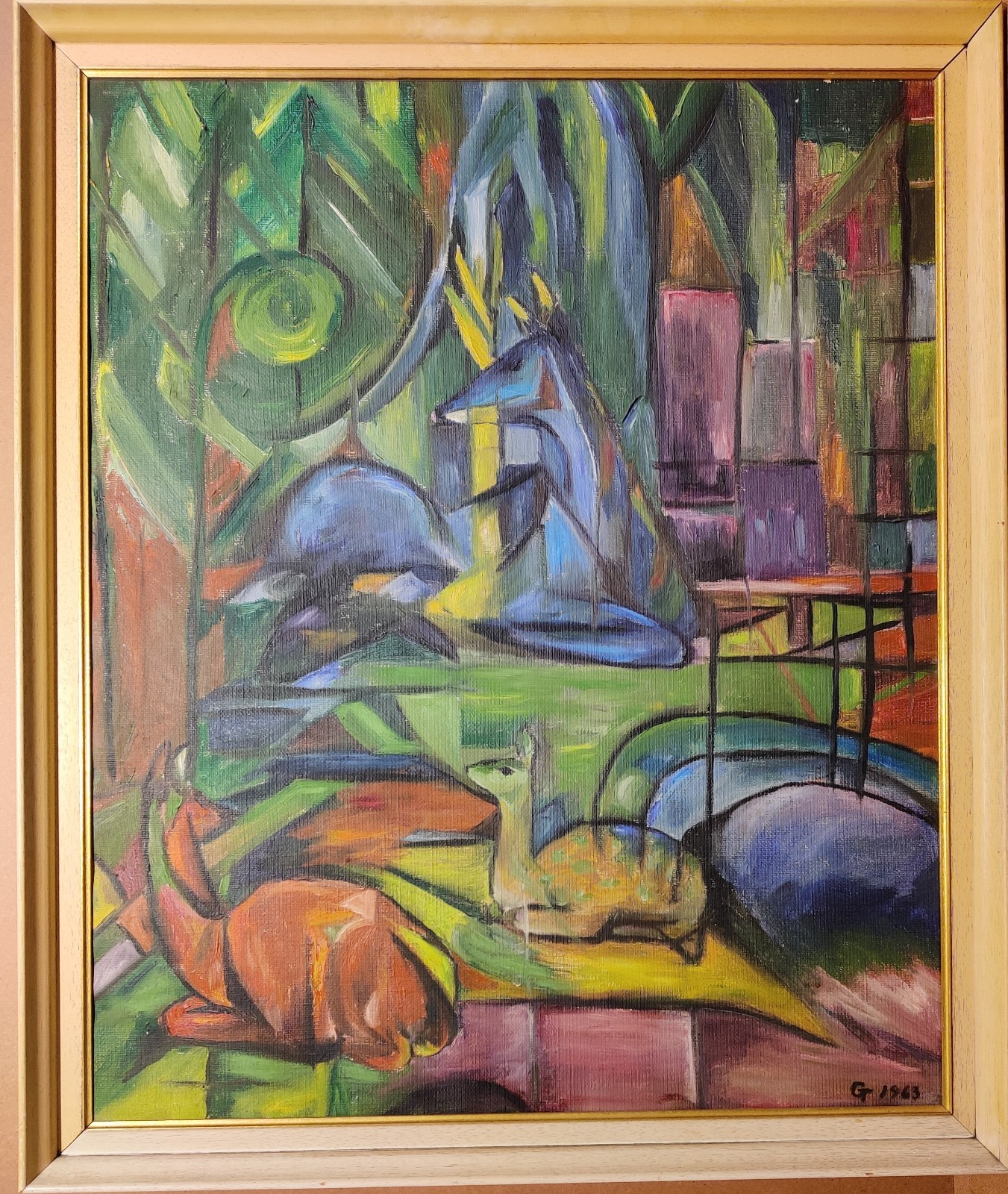 DEER RESTING IN THE FOREST, signed oil painting, dated 1963