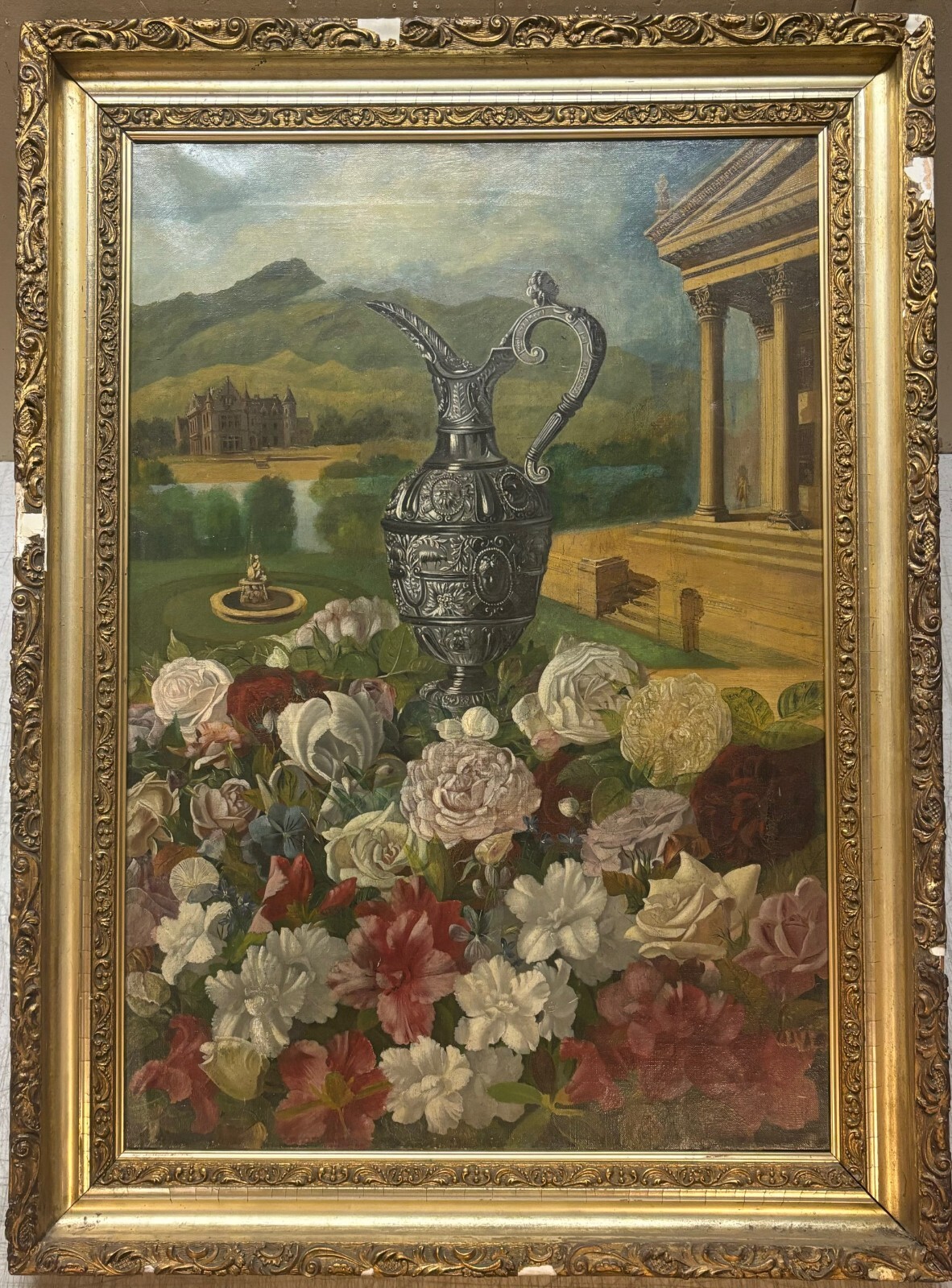 Antique STILL LIFE FLOWERS & SILVER EWER Scotland UK Manor Portrait Oil PAINTING