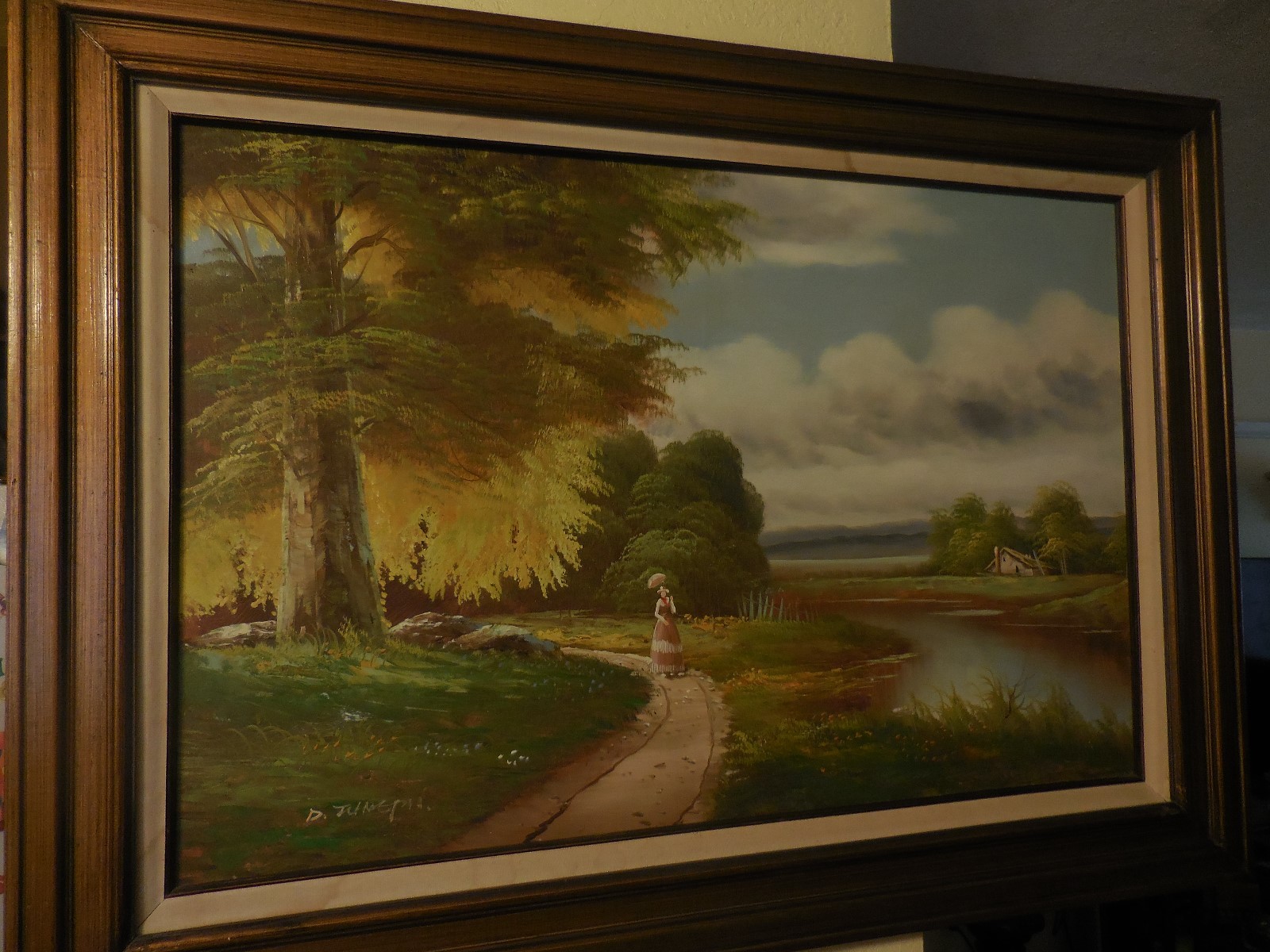 Oil on Canvas Paonting of Girl walking down a dirt path by Lake by D Junepa