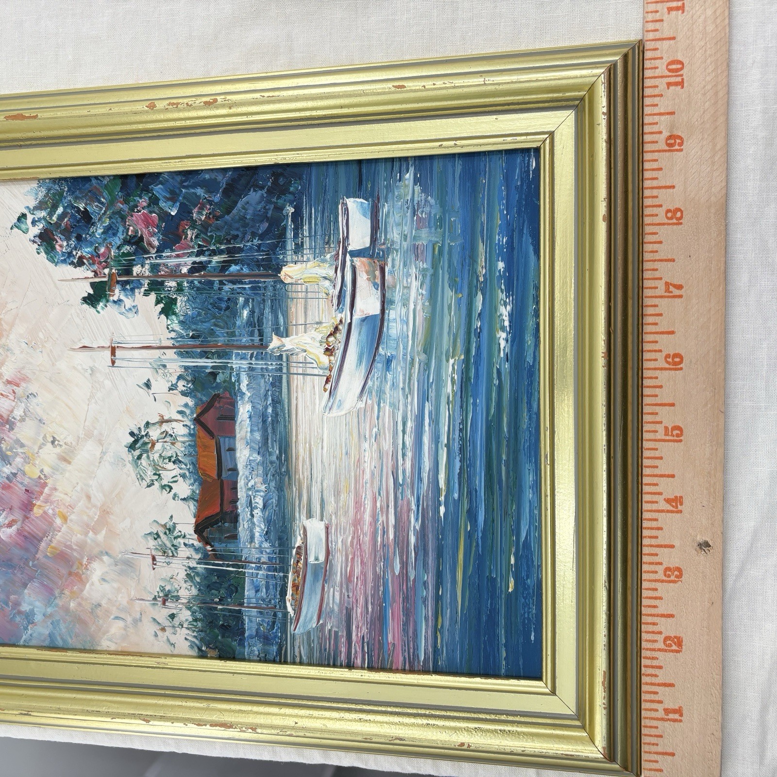 Vintage Sailboat Harbor Seascape Oil Painting Palette Knife Impasto Framed Art