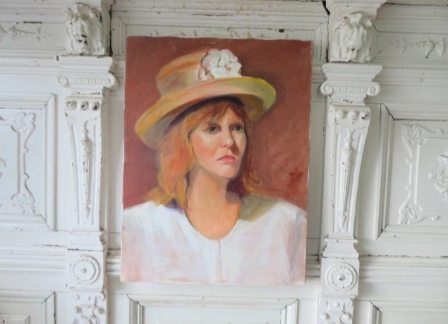 Vintage PORTRAIT OIL PAINTING GORGEOUS Woman Lady Wearing HAT with Flower