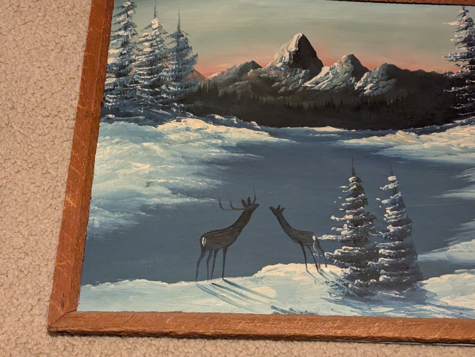 Vtg Primitive Rustic Frame With Painting Deer Winter Scene On Frozen Pond
