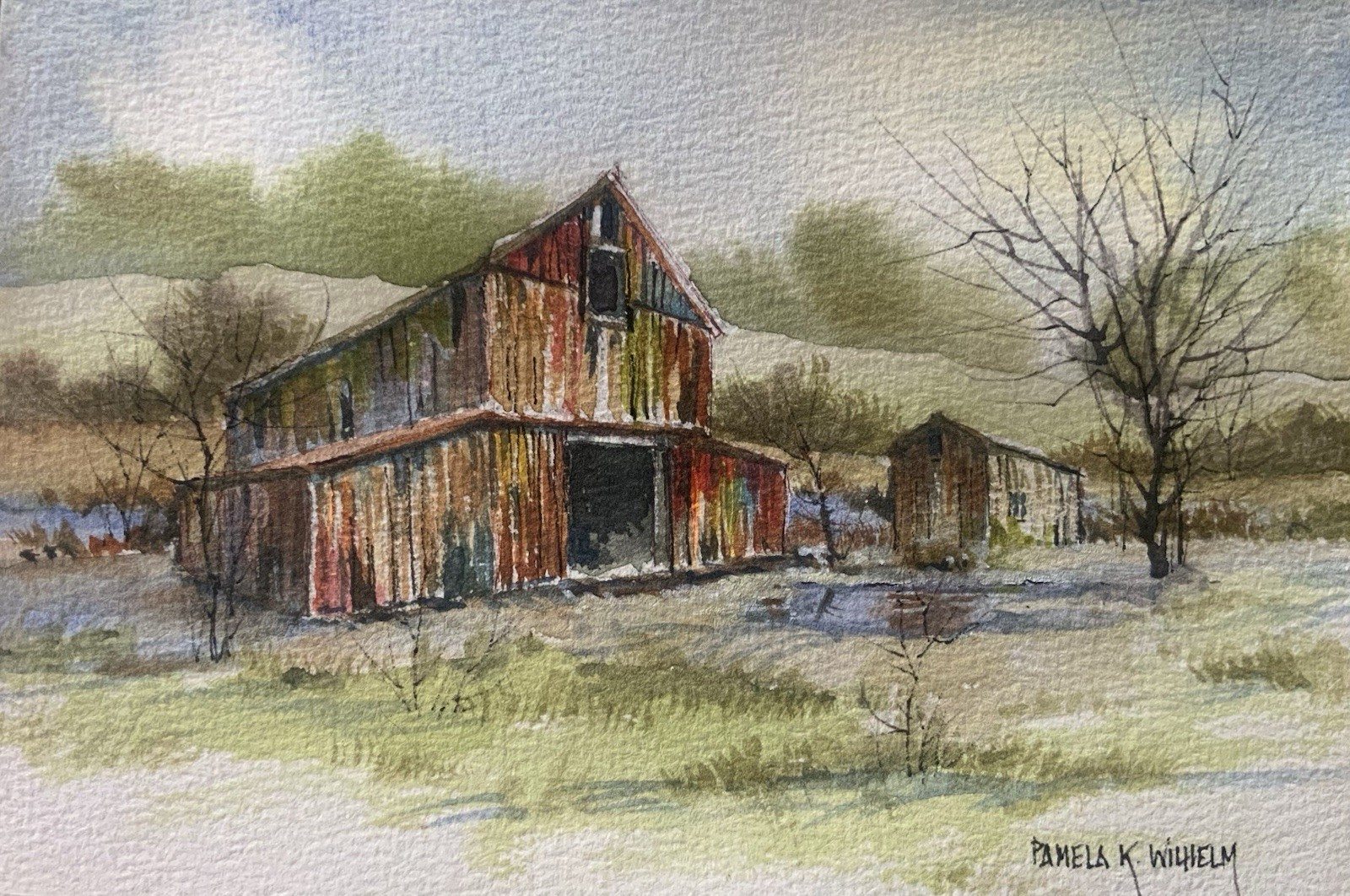 Pamela Wilhelm Watercolor 5”x7” Original Abandoned Barn After A Rain