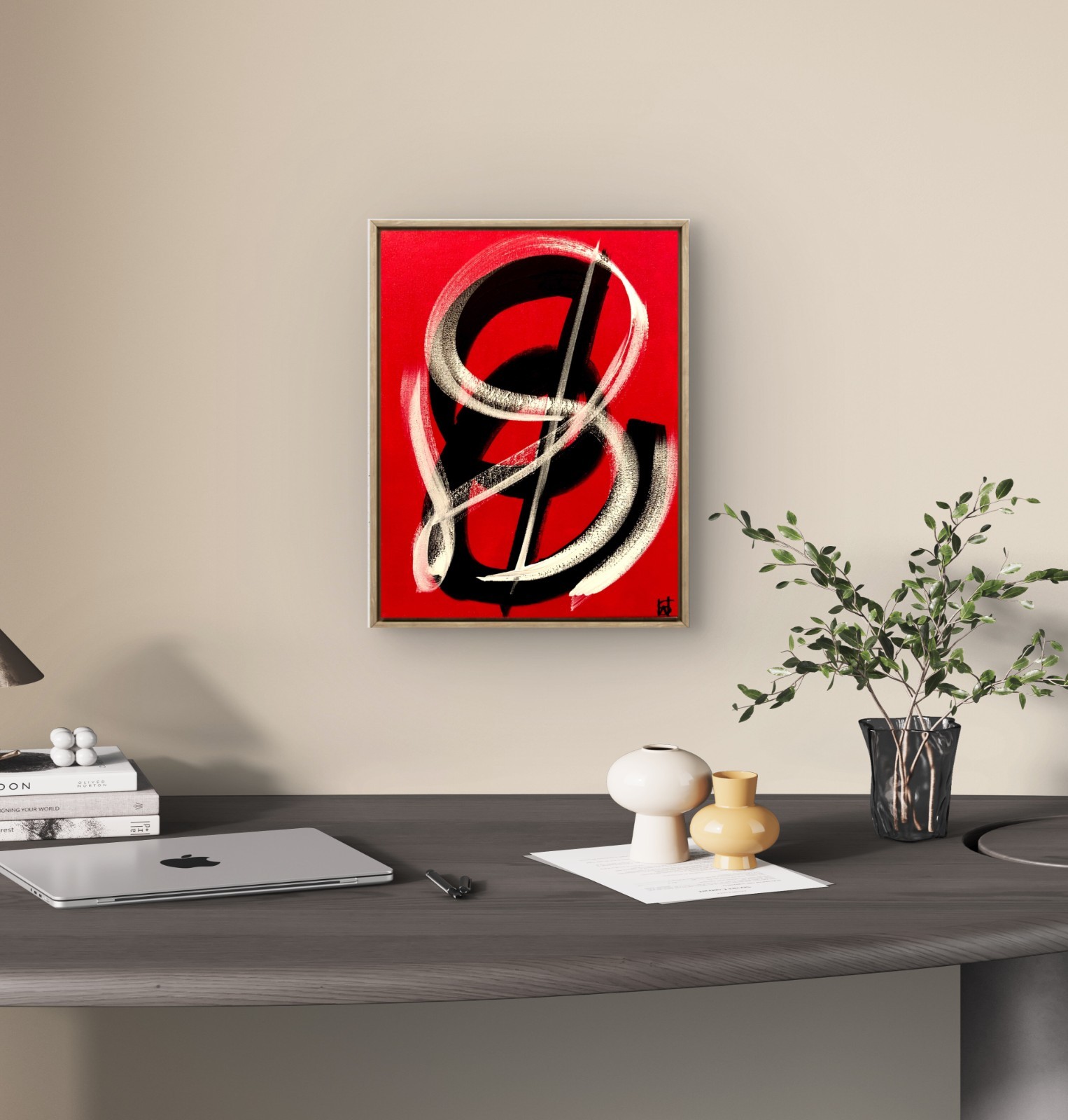 WS original red abstract expressionism painting 14X11 canvas acrylic fine art