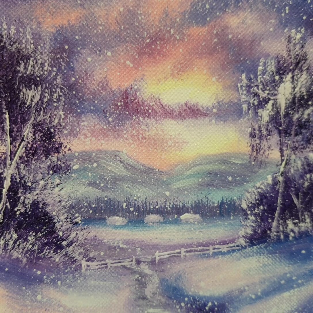 Winter Sunset Snowfall Landscape Cabins Mountains Path Holiday Decor Wall Art