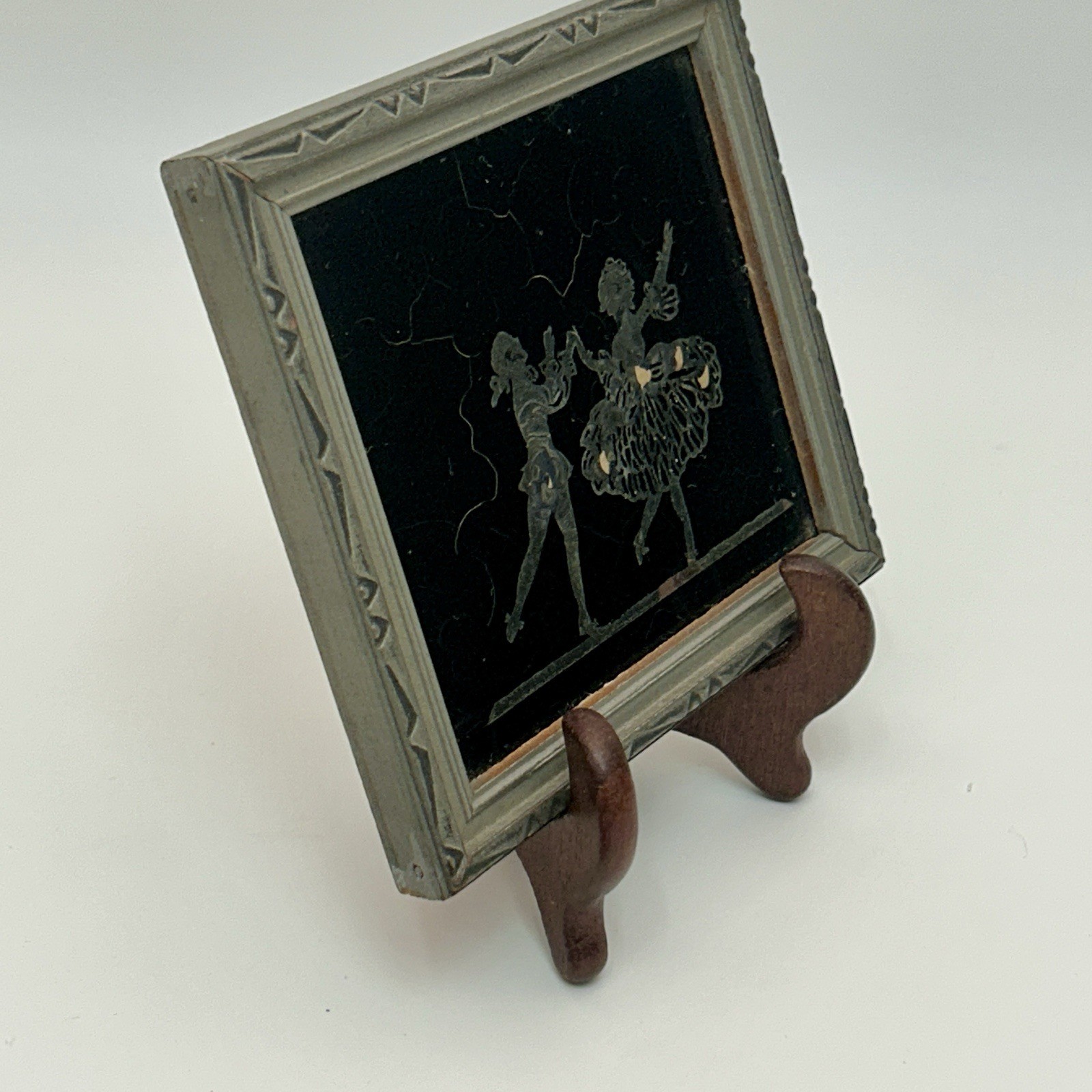Pair 1930s Reverse Painted Glass Ballet Dancers Silhouette Wood Frame 4½″ VTG
