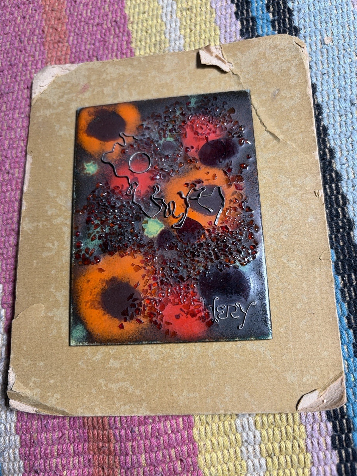 Vintage MCM Mixed Media Enamel on Copper Plaque 3D Wire Glass Frit Jery