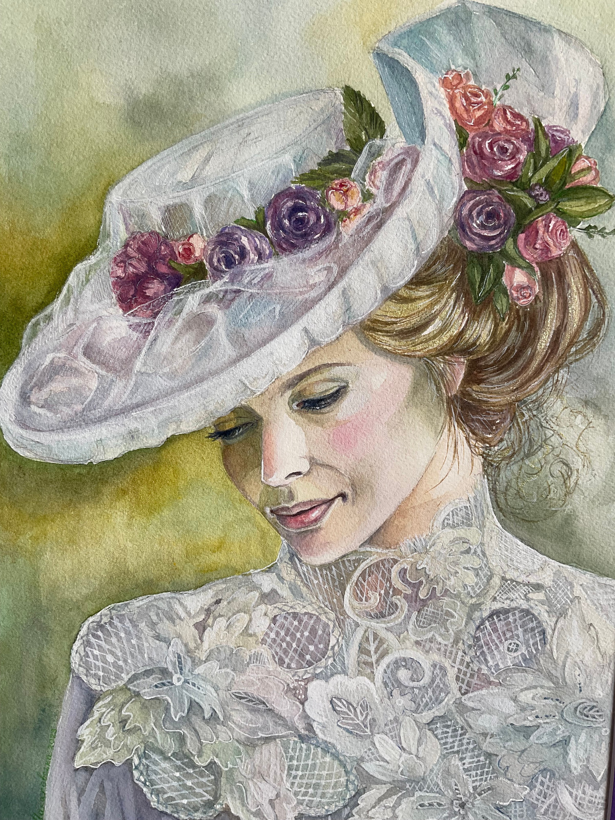 original watercolor painting signed matted portrait lady and flower hat