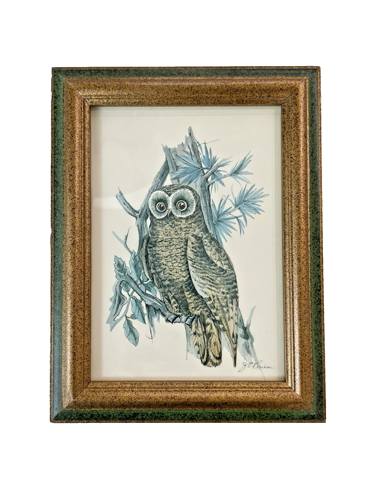 Vintage 70s J O’Brien Framed Lithograph Wide Eyed Owl Green Gold Frame 6.5×8.5″