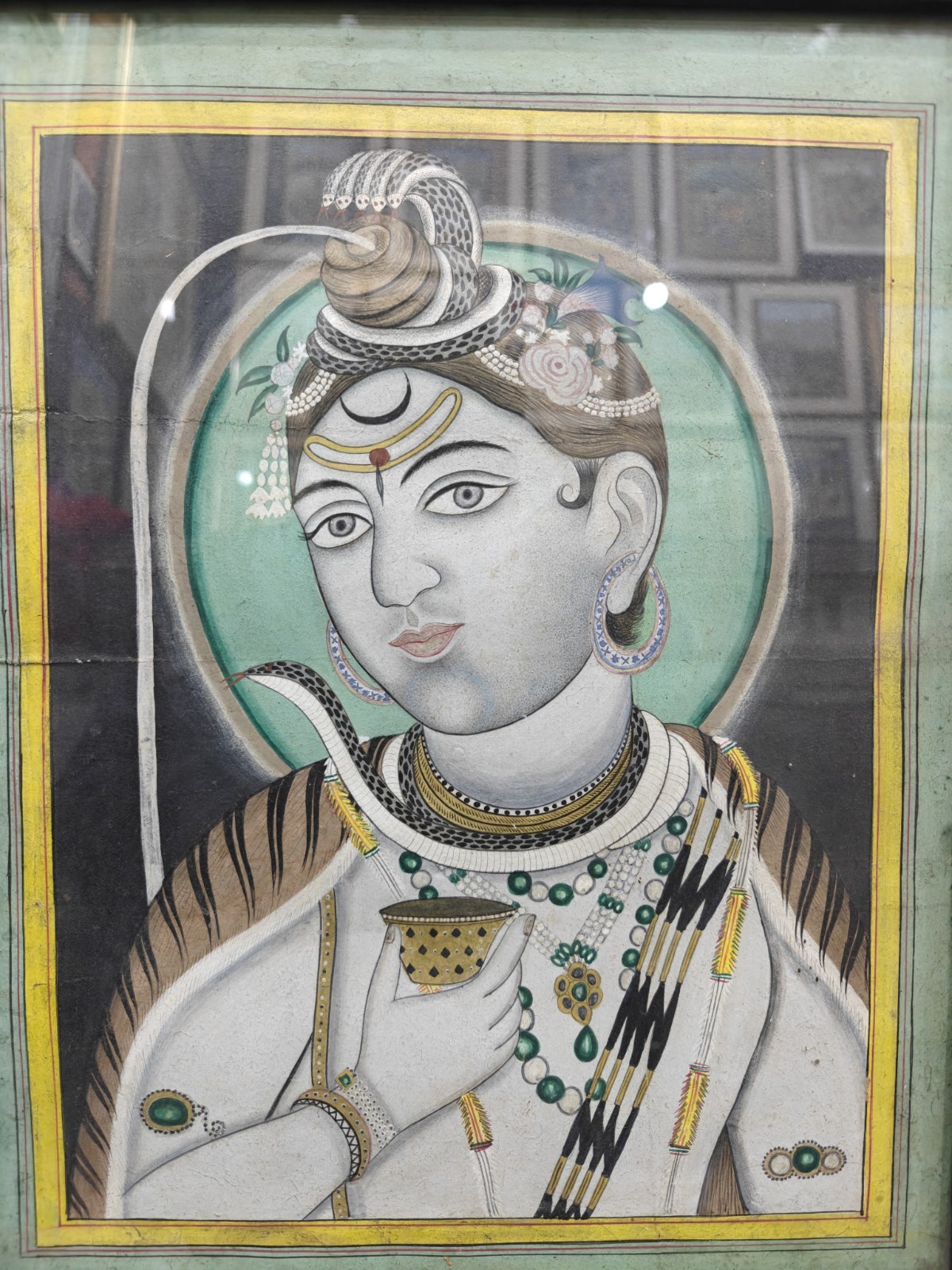 125 Years Old Antique Miniature Painting Of Lord Shiva With Original Wood Frame