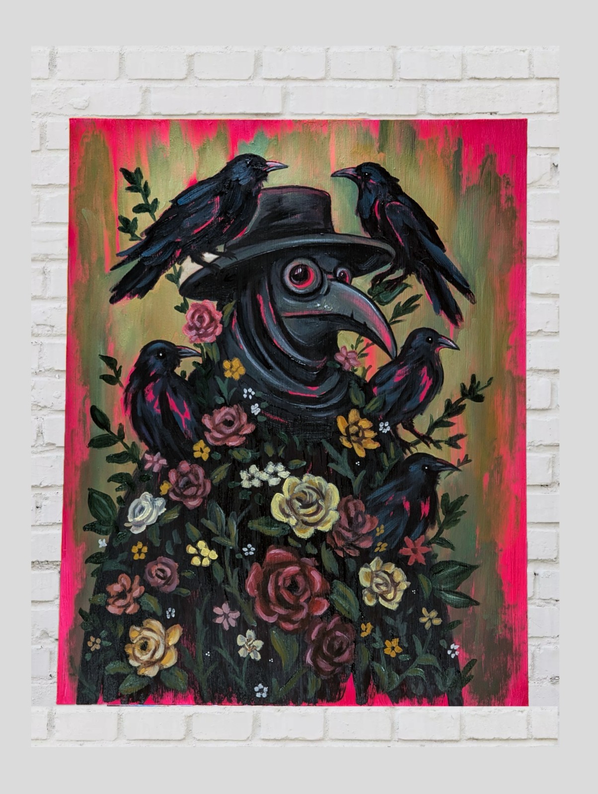 Original Oil Painting- Plague Doctor Horror Fantasy Floral Art- By Clowndrxp