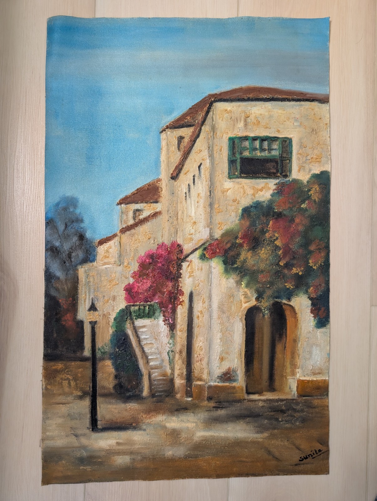 “Bougainvillea House” – Original Oil Painting on Canvas, Signed Sunita – Medi