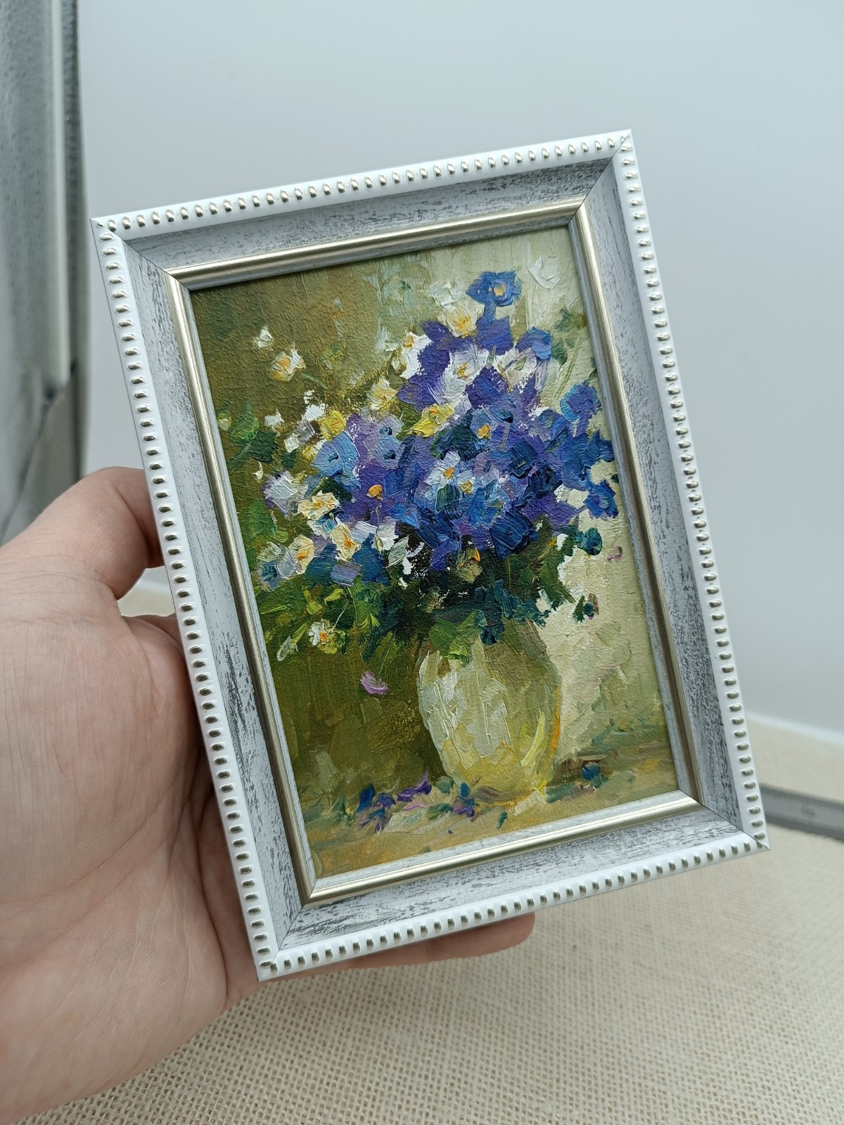White Flowers Oil Painting Original Impasto Framed Signed Floral Art 4×6 Small