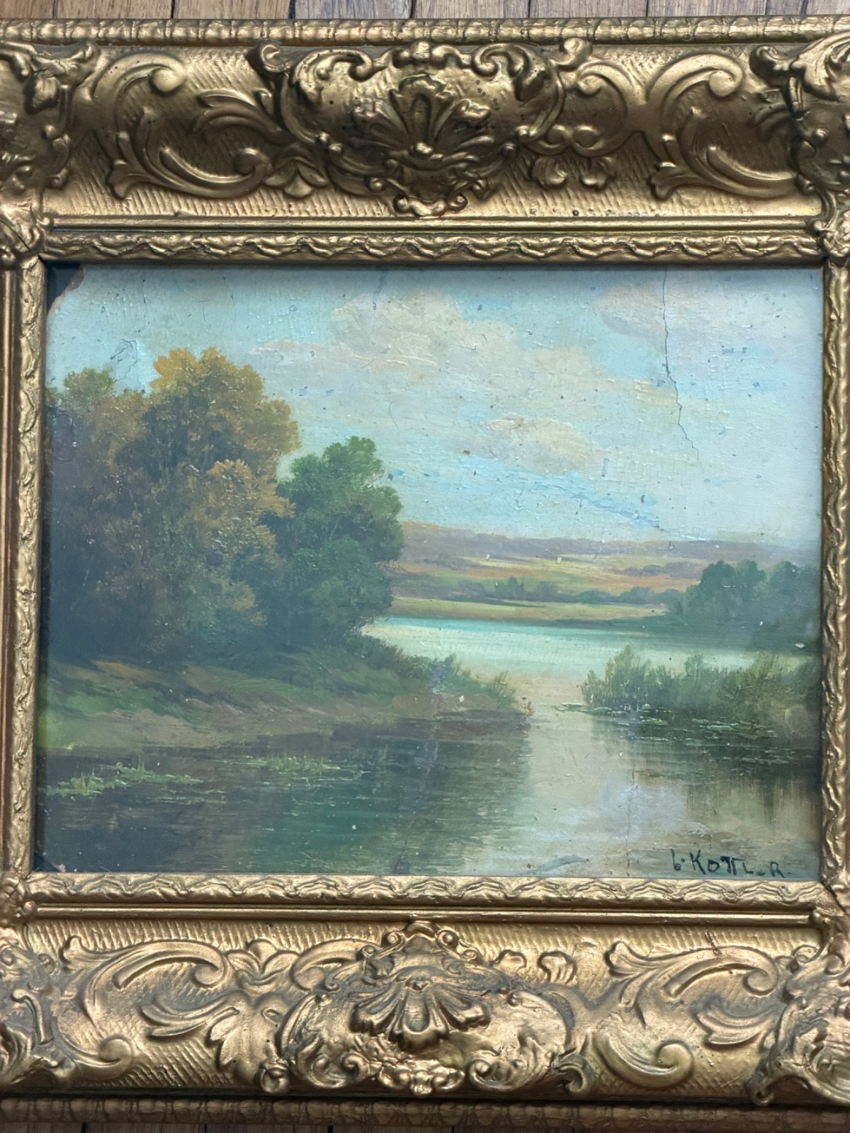 Vintage Framed Oil Painting Signed Lyn Kotler – Landscape with Ornate Gold