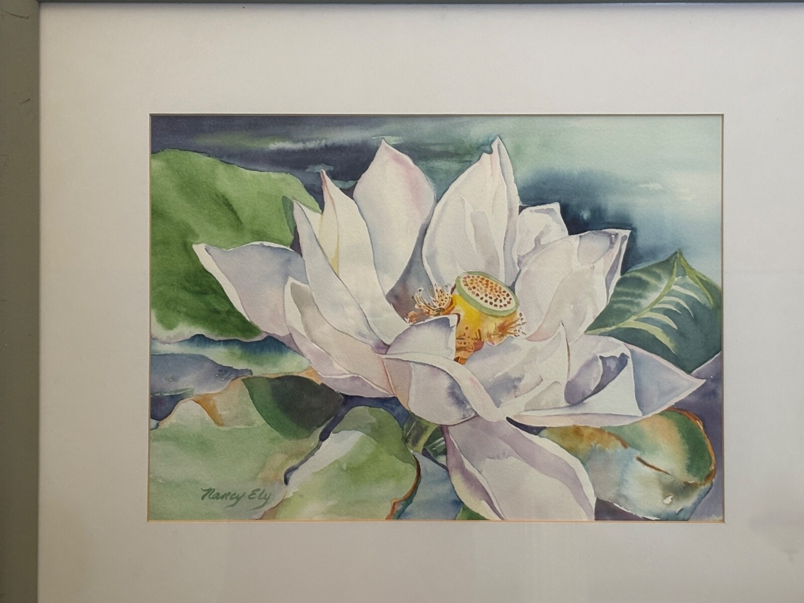 ORIGINAL NANCY ELY WATER LILLY SIGNED WATERCOLOR FRAMED AND MATTED 23” X 19”