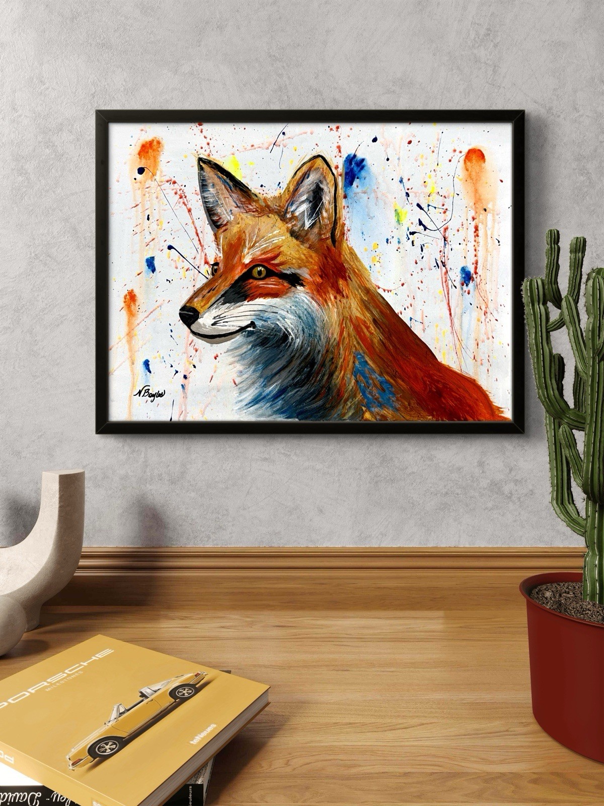 Original Signed 9×12 Expressionist Fox Animal Acrylic Canvas Art Warm Red Decor