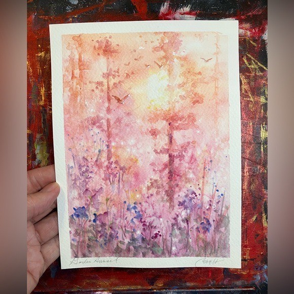 ORIGINAL Landscape Painting Sunset Tree Garden Watercolor Artwork nature EAEH