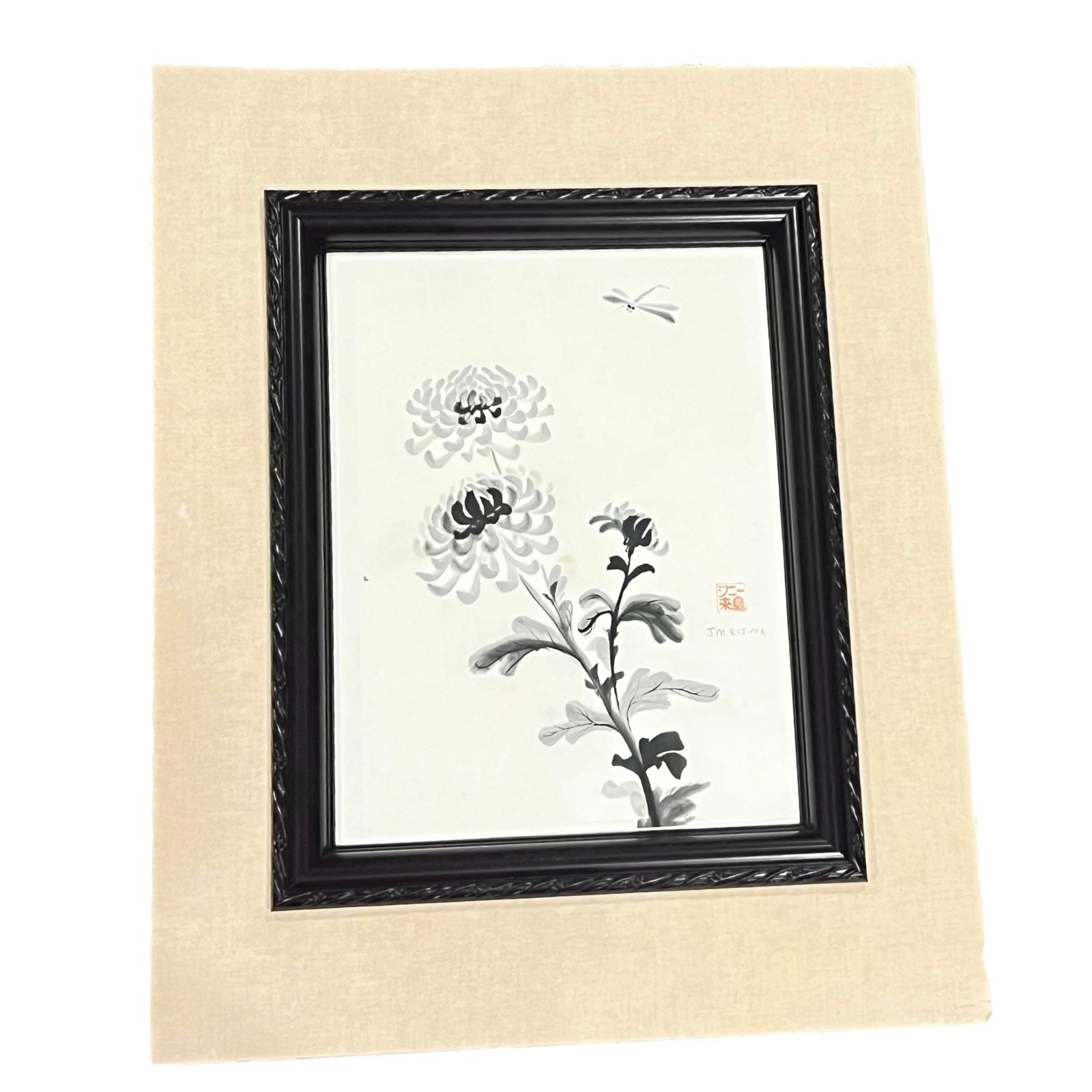 JM Kijima Signed Watercolor Painting Japanese Chrysanthemum Flowers 16×20 Matted
