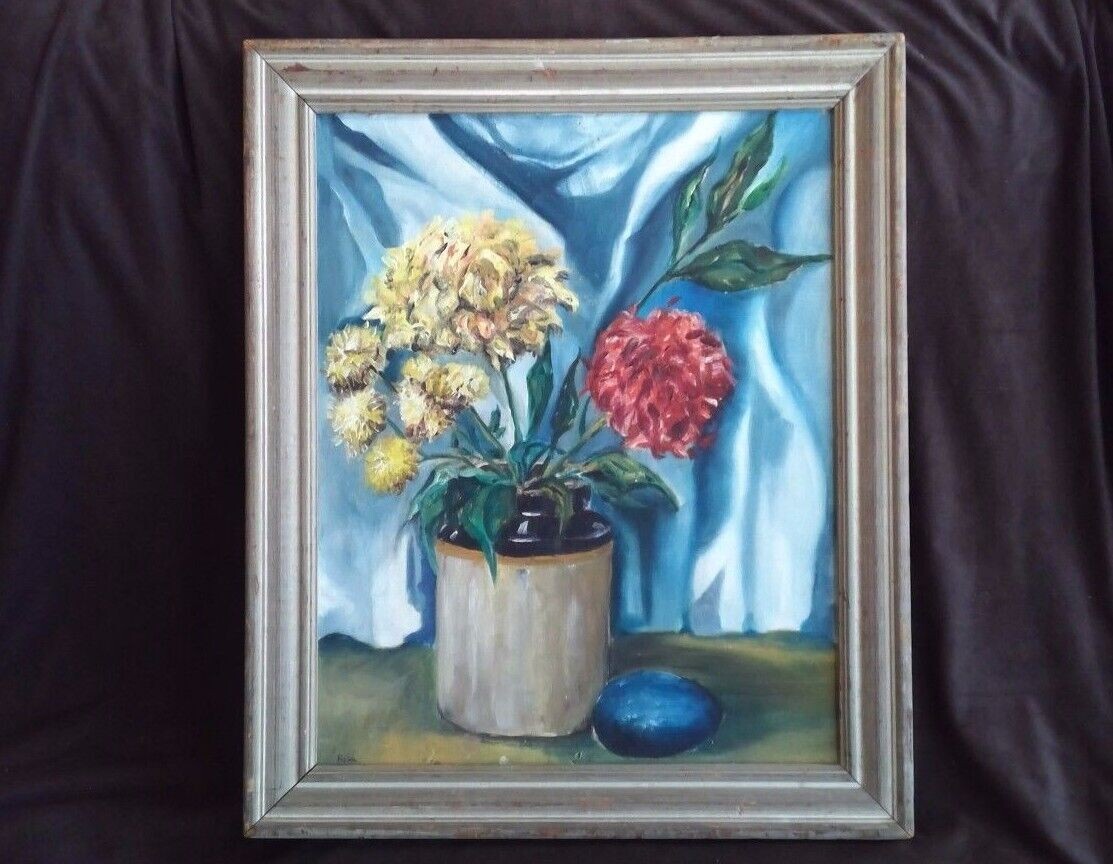 Mid Century Modern Still Life Painting Jug Vase Flower Framed Signed Greenfield