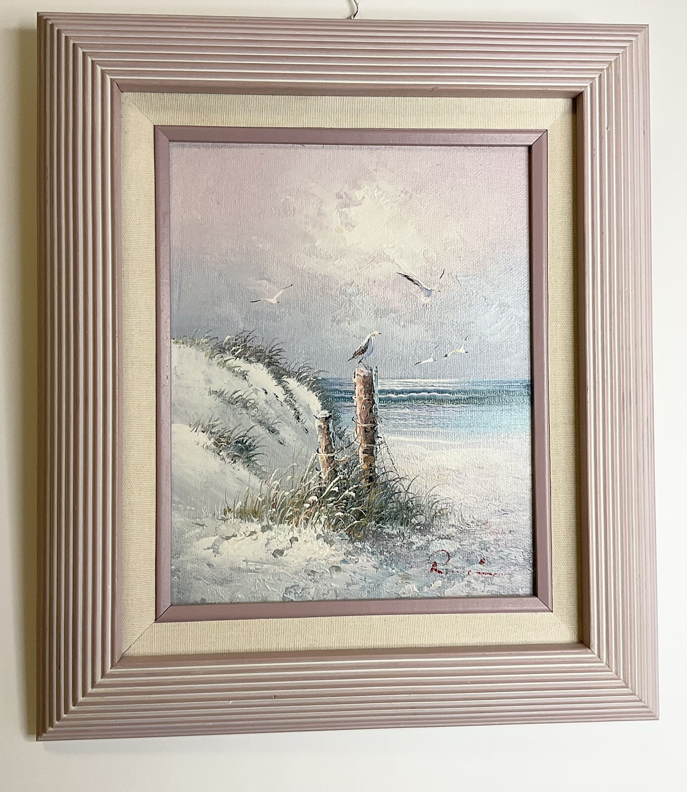 Oil Painting Beach Scene Seascape 8×10 Canvas Framed Size 13×15 Mauve/Pink Frame