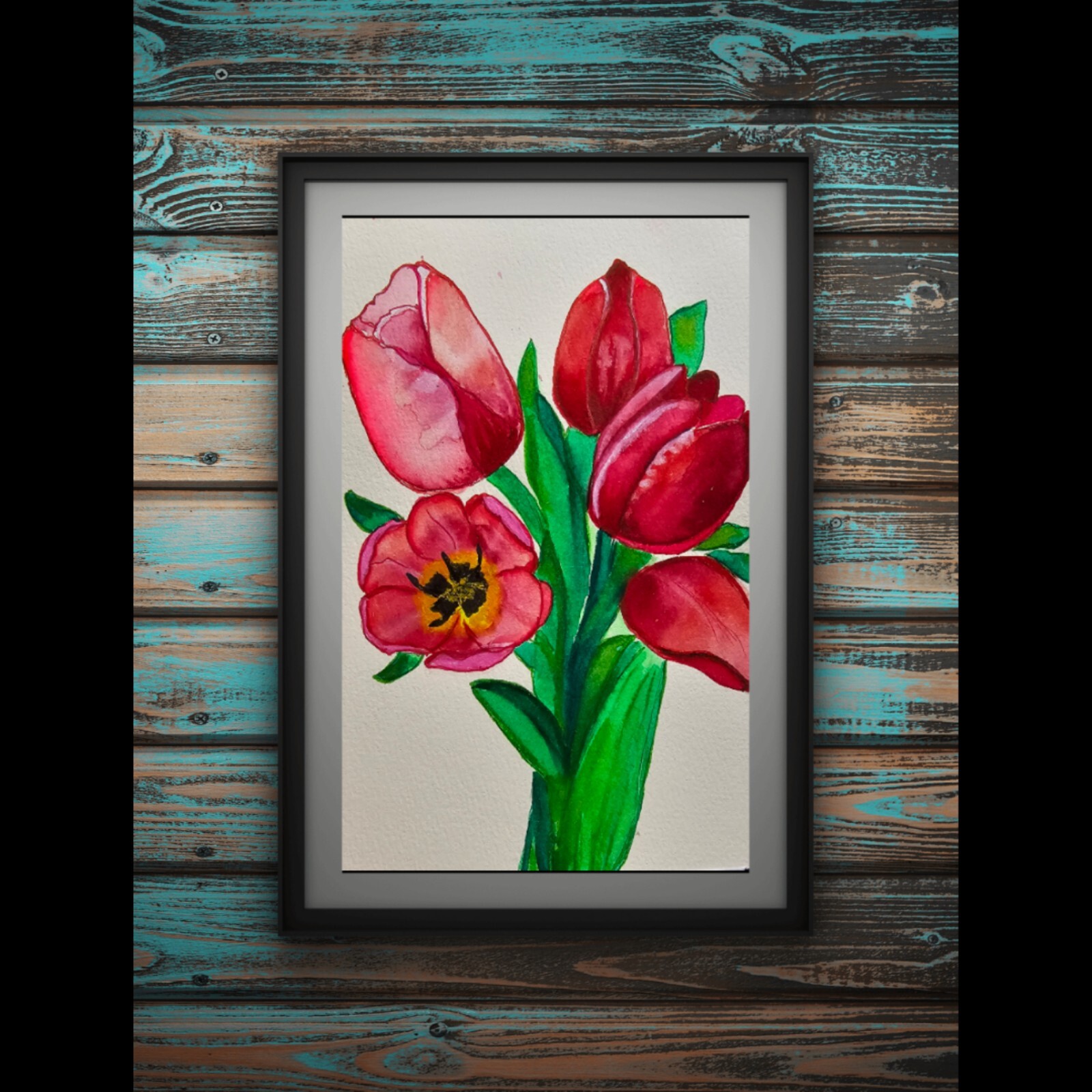 Red tones of love: an original tulip, hand-painted in watercolor – a beautiful