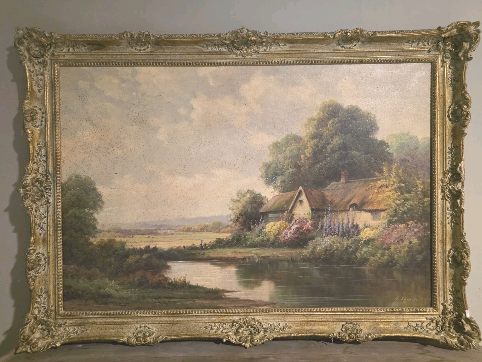 Antique Augustus Spencer Oil Painting «Thatched Cottage by a Stream» Landscape