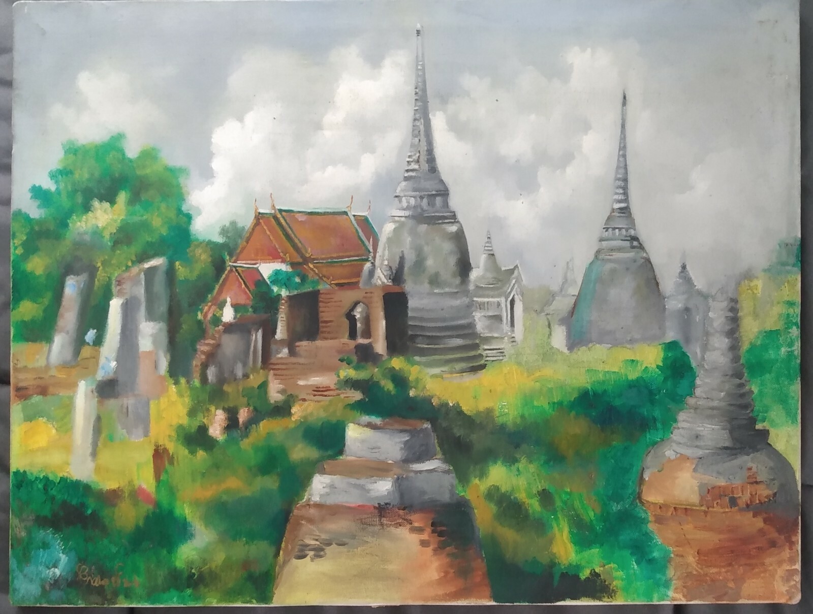 Original Oil Painting/Signed/Bangkok/Thailand/Temples/Rama Gardens/Folk Art