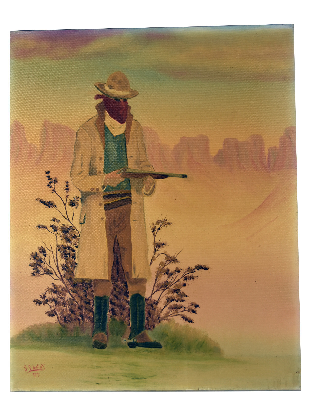 20″ Oil Painting Canvas Jessie Willis Landscape Masked Robber Shotgun Wild West