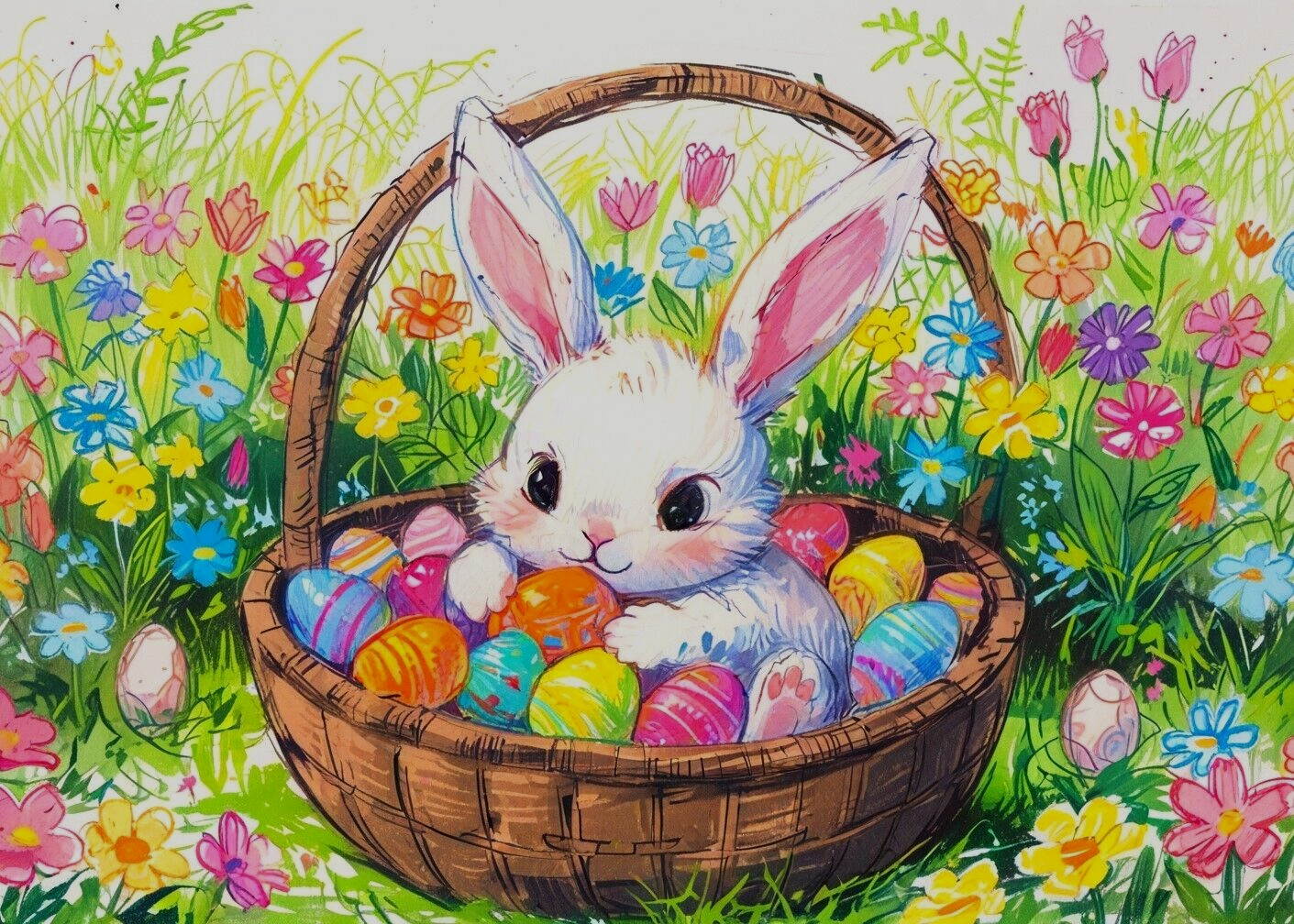 ACEO Mini *Art Print* Baby Bunny Flowers Garden Basket Easter Eggs by Saulite