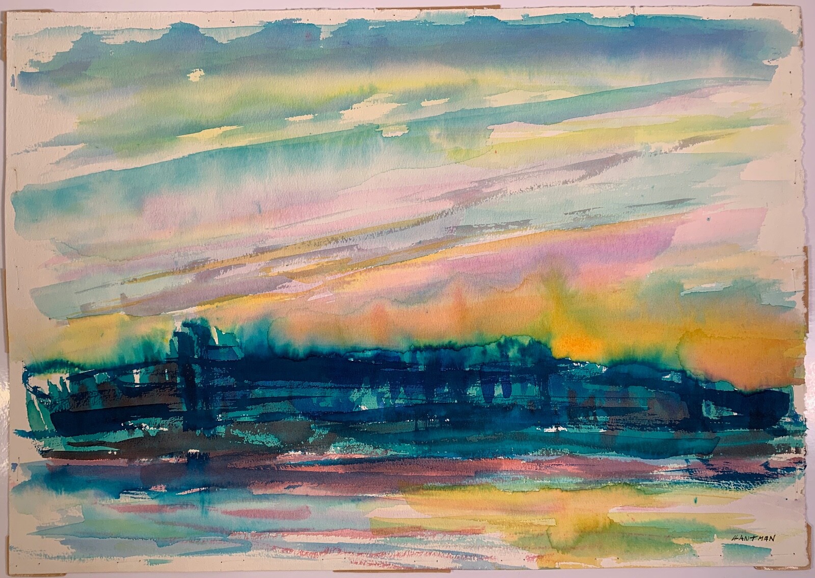 Murray Hantman (1904-1999) Signed Watercolor Painting «Maine Sunset» c.1984