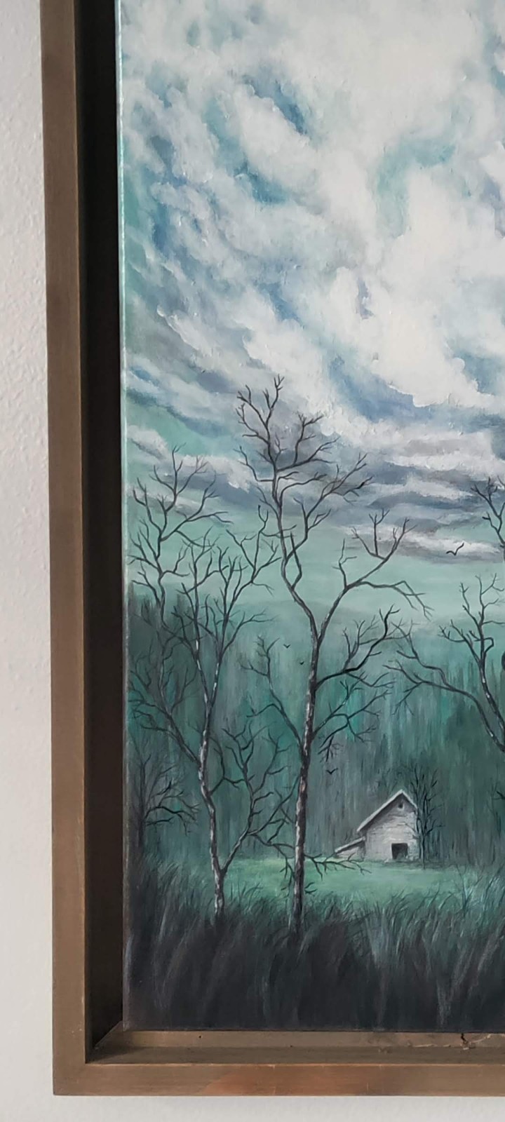 Original Expressionist Forest and Clouds 12 x 24 Acrylic Painting Framed