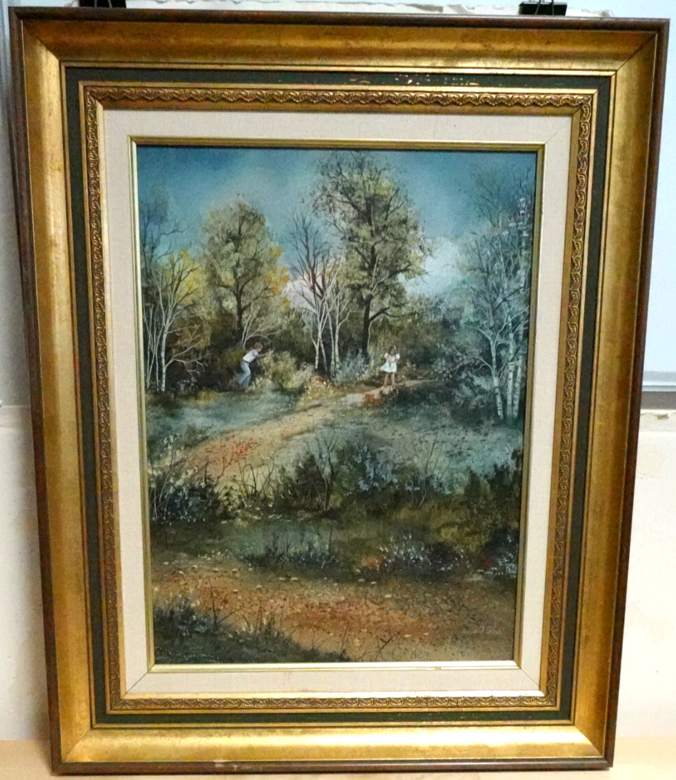 JAN WARD CALASKI KIDS PLAYING ON WALKWAY ORIGINAL OIL ON BOARD PAINTING
