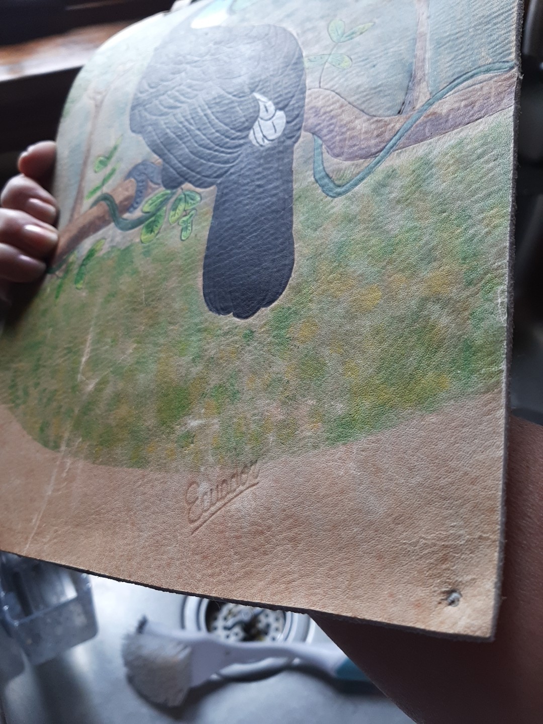 Vintage Toucan Bird Vibrant Painting On Leather Wall Hanging 13″x 9″ Ecuador