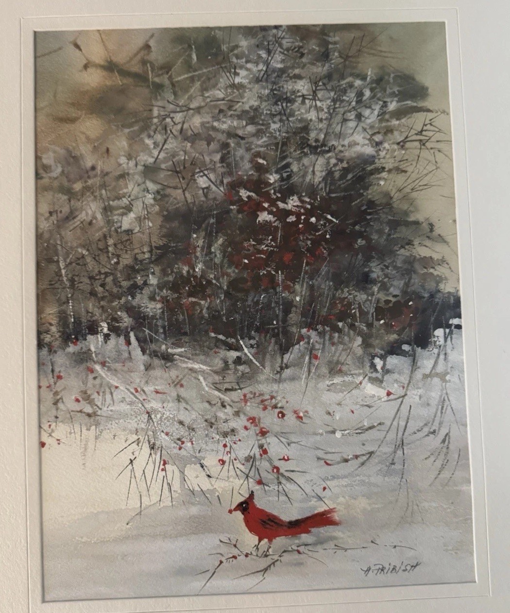 Cardinal Bird Winter Scene Original Watercolor Painting Sign Ann Pribish 19×15”