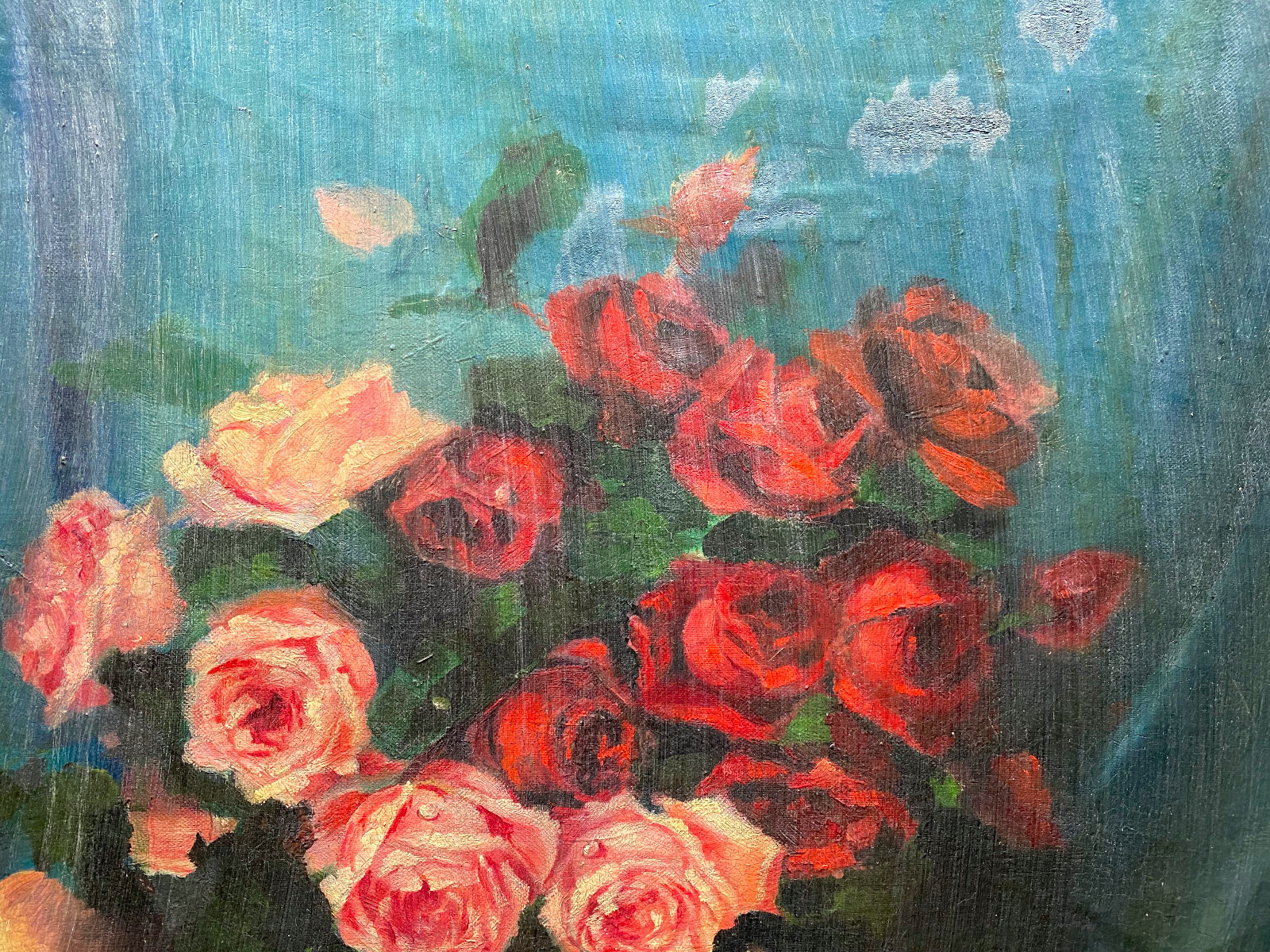 Oil Painting Still Life Red & Pink Roses and Peaches in Bowl