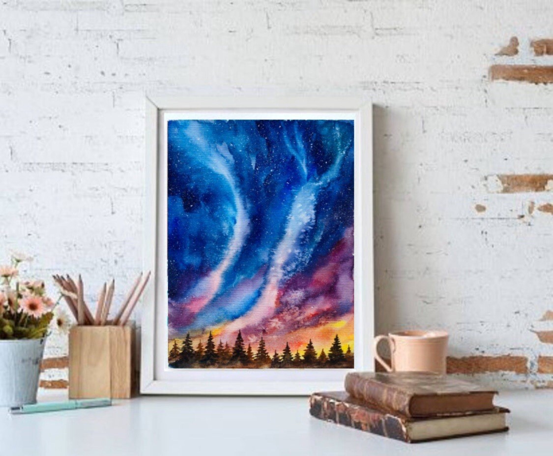 Original watercolor Art Aurora Borealis Painting Northern Lights Art Night Sky