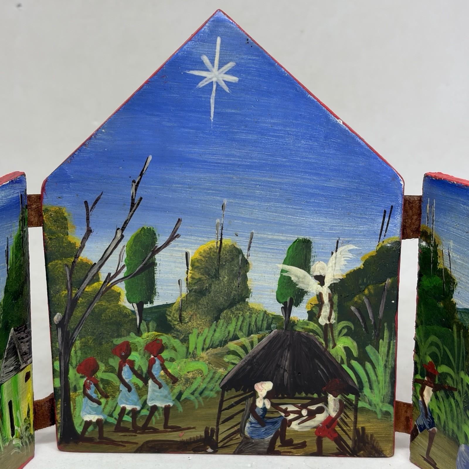 Vintage Haitian Folk Art Folding Wood Triptych Nativity Painting Signed R. NOLY