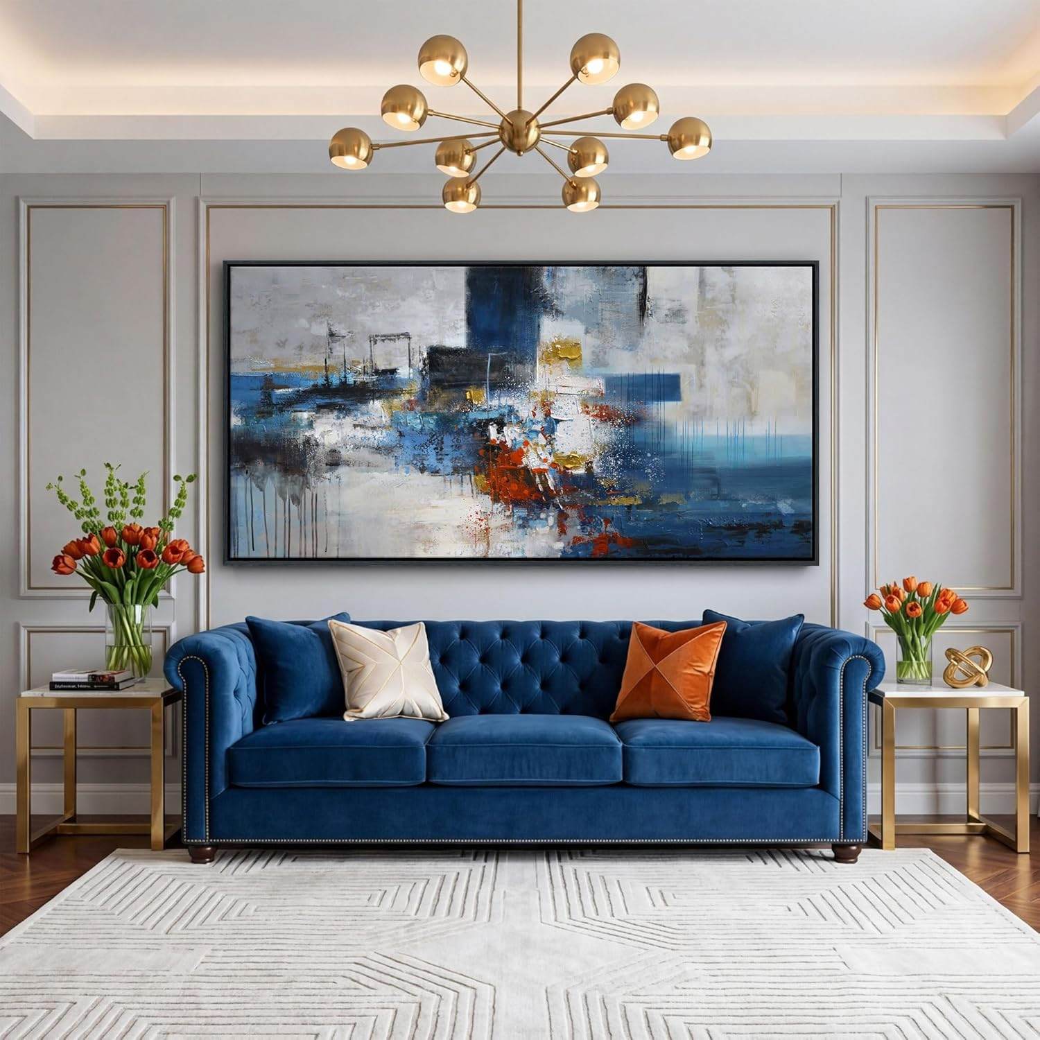 Extra Large Blue Abstract Canvas Art for Modern Living Room 29x58IN