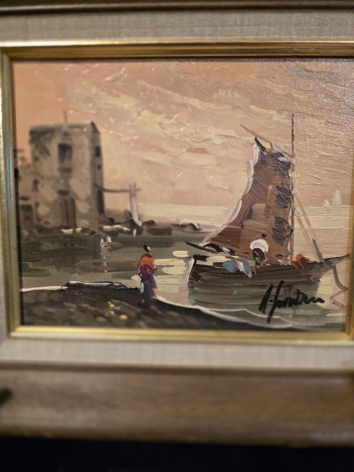 Vintage Signed Oil Back Sailboat Coastal Scene Based on Giacomo Moretti Gorgeous