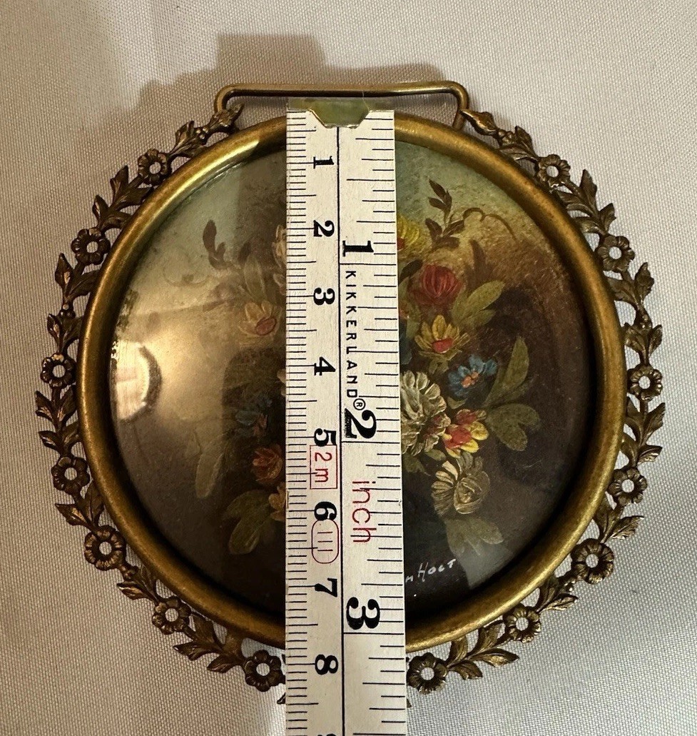 Vintage Miniature Oil Painting Floral Brass Frame Signed VAN HOLT 3.5” Art