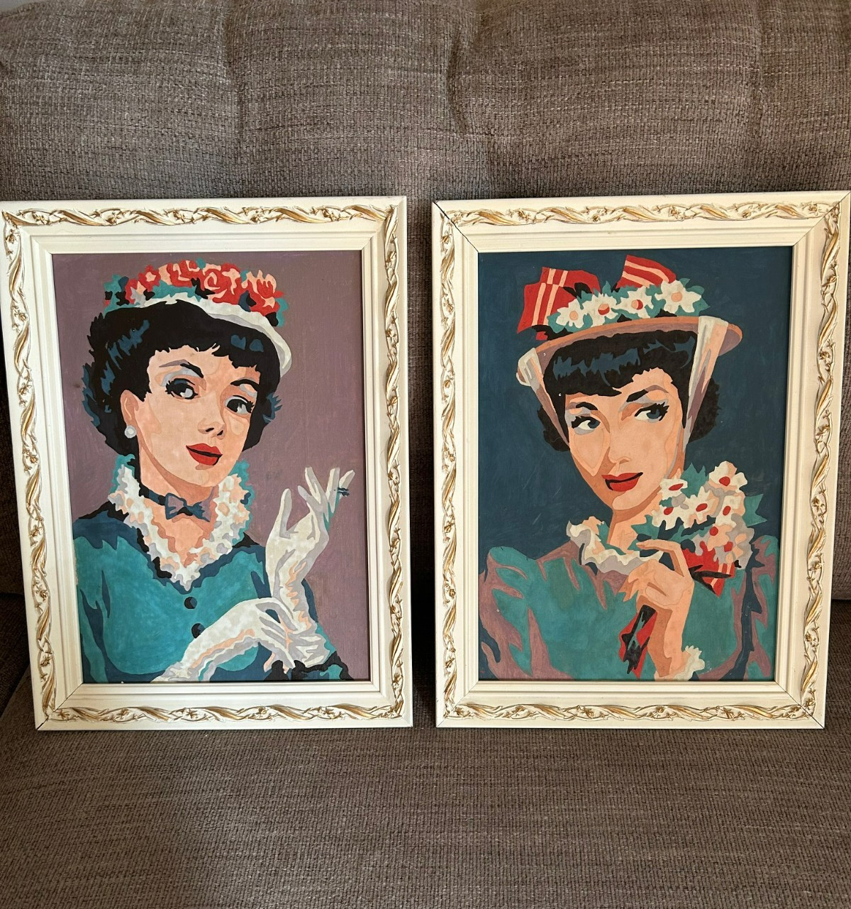 Set of 2 Framed Unique Hand Painted (by Number) Artwork w/Fancy Lady as Subject