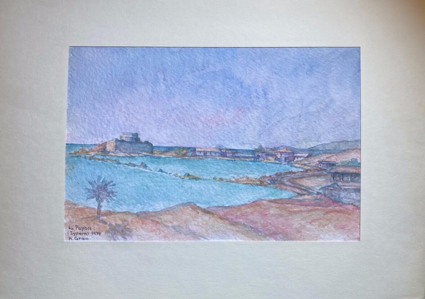 ::Watercolor SIGN. H.GRAY 1979 CITY BY THE SEA VIEW PALMS ON CYPRESS
