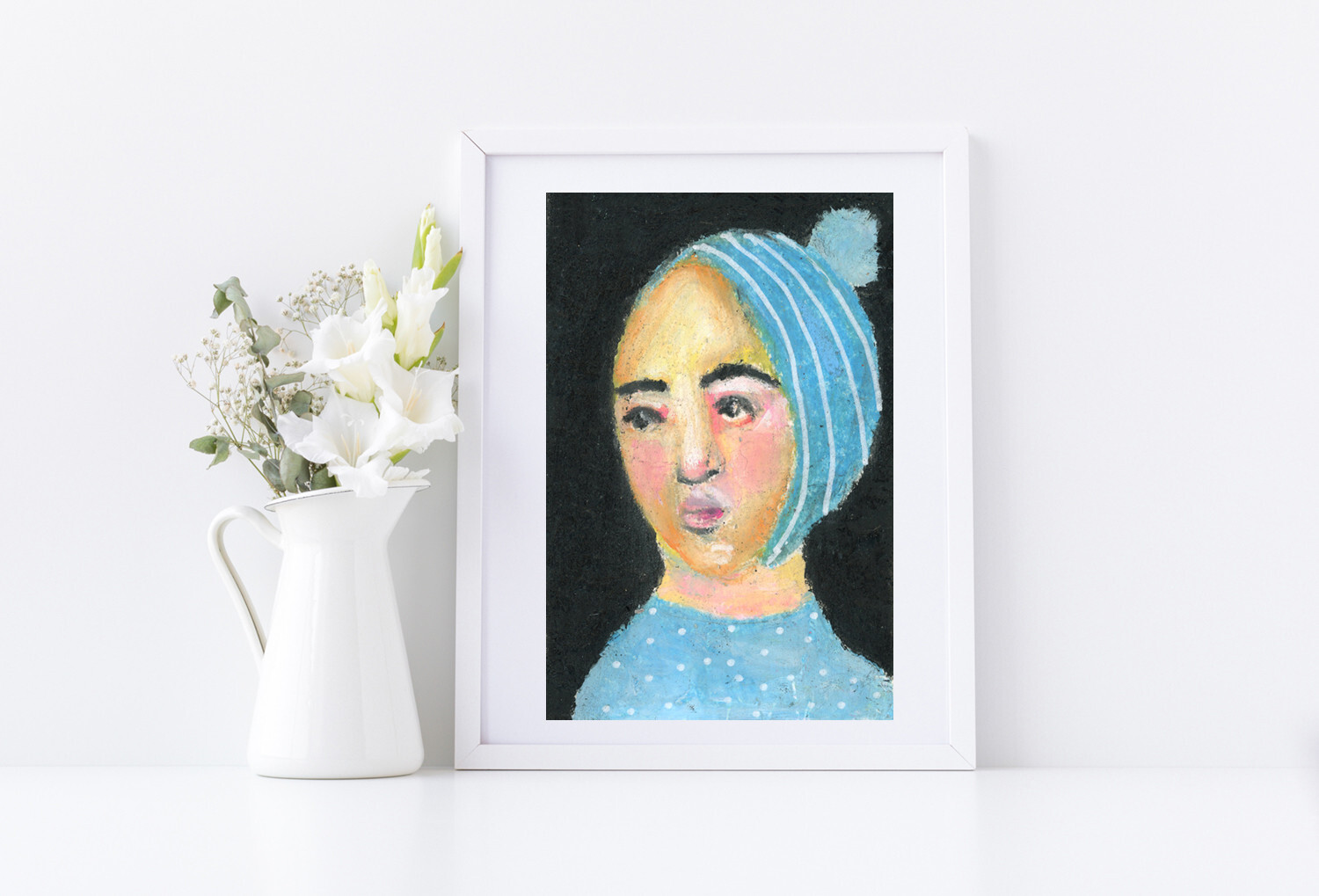 Woman Portrait Painting Blue Winter Art Pom Pom Hat Naive Outsider Miz Katie
