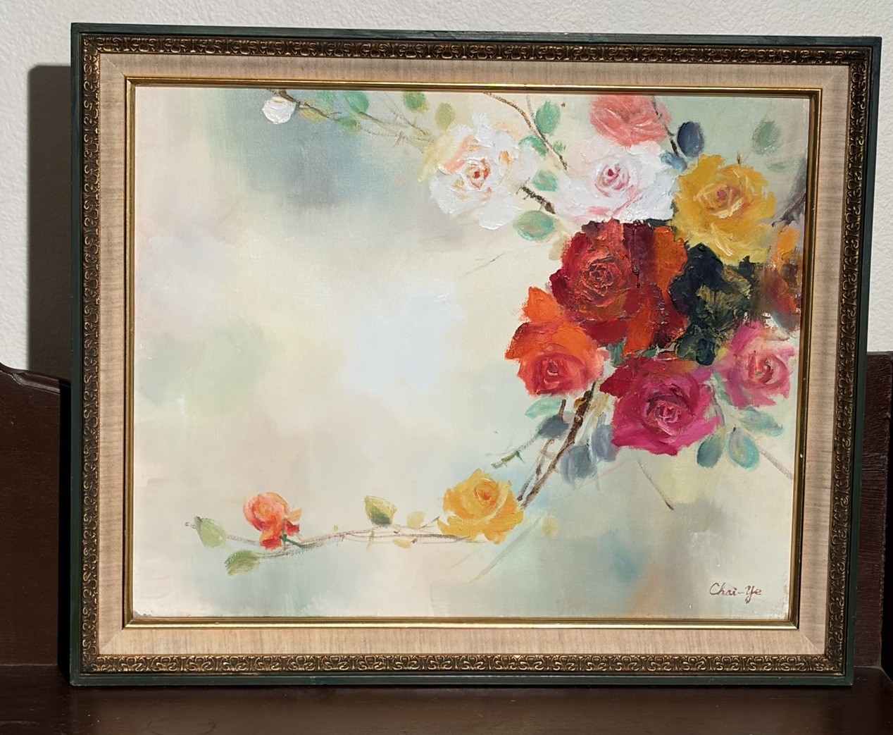 VNTG Floral Oil Painting Framed Roses Mid Century Impressionist Signed Chai-Ye