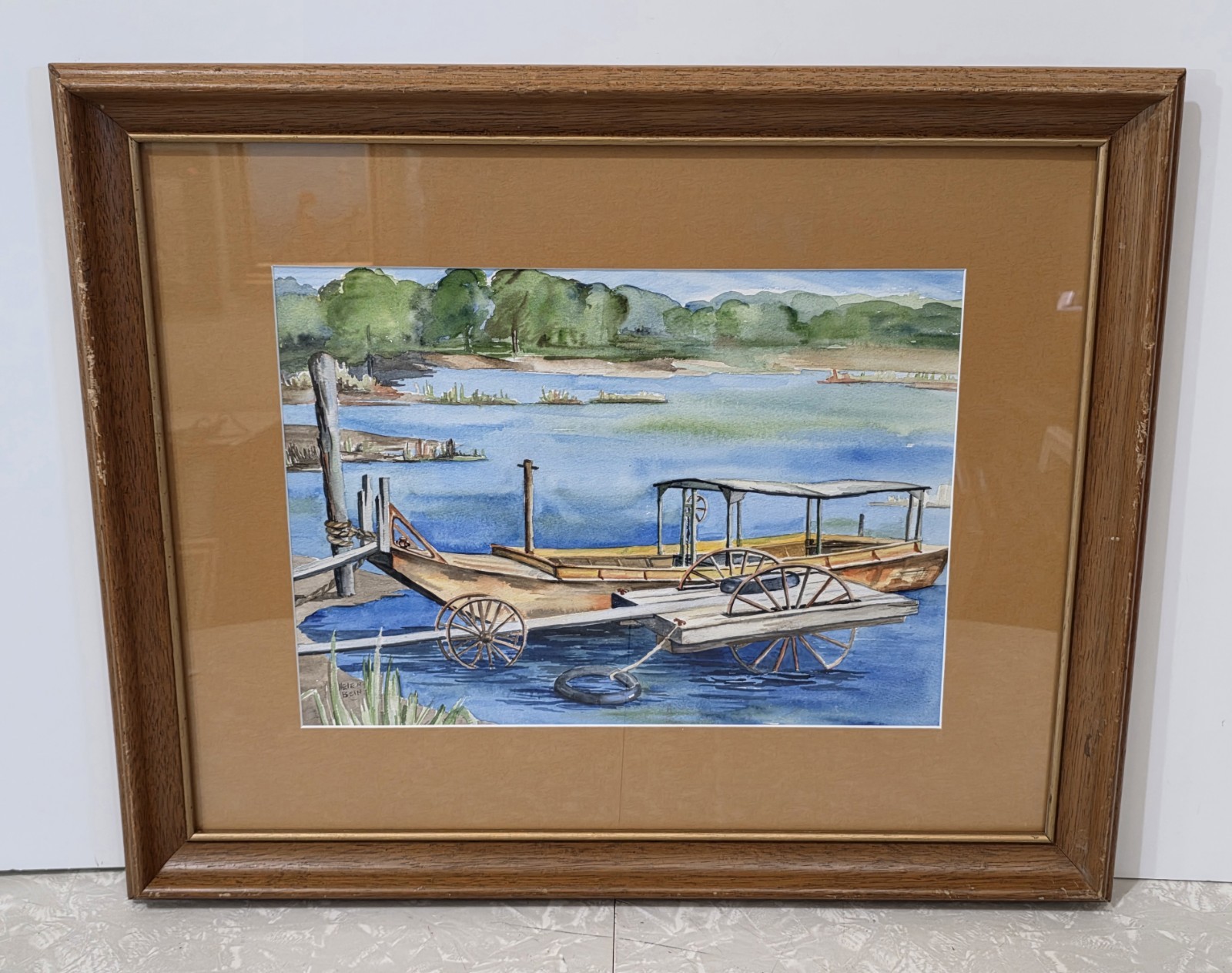 Clam Boats Dock Vintage Original Watercolor Painting Framed Signed Large