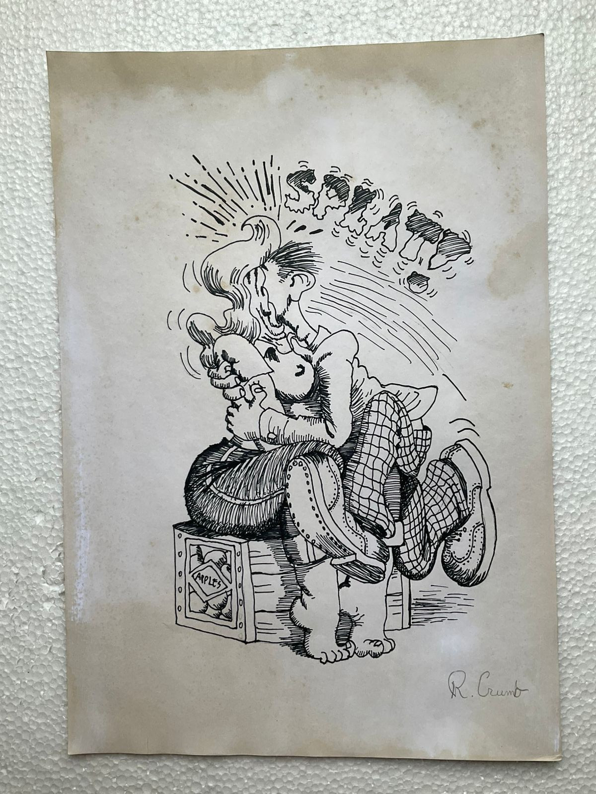 ROBERT CRUMB drawing and painting on old paper signed stamped vintage