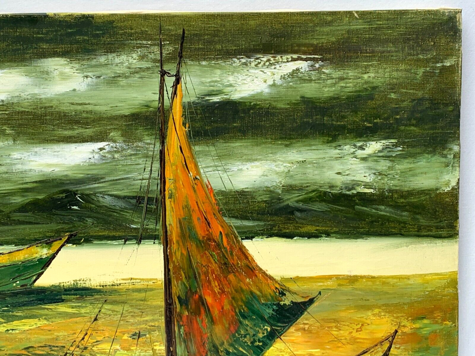 F LEE LARGE SEASCAPE OIL PAINTING SAND DOCKED FISHING BOAT PALETTE KNIFE IMPASTO
